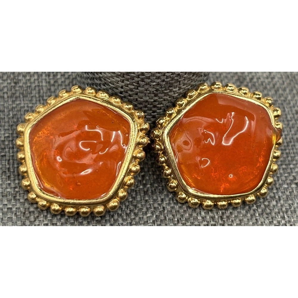 Monet 80s Gripoix Style Orange Cabochon Abstract Shape Clip Earrings Gold Tone